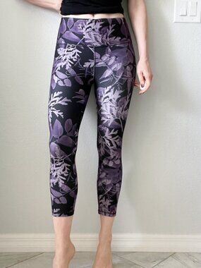 Marika Sport Purple Floral Capri Leggings  - High-Rise Workout Capri Pants